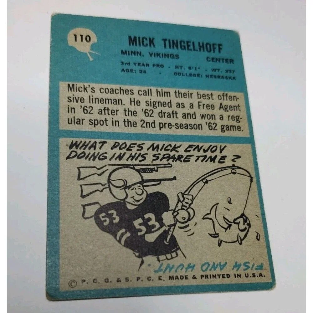 Mick Tingelhoff RC Rookie Card, 1964 Philadelphia #110, Minnesota Vikings, HOF